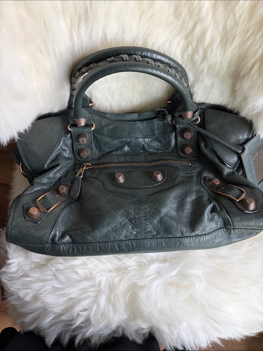 Balenciaga Dark Green Leather Satchel City Bag